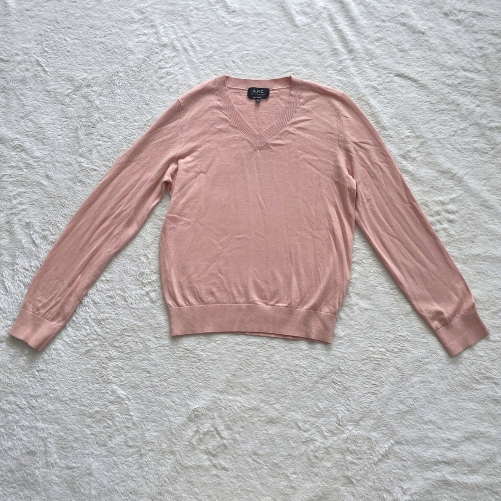APC Rue Madame Paris Womens Pink Cotton Cashmere V-Neck Sweater Size M